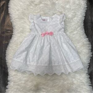 KATIE M WHITE EYELET RUFFLE SLEEVE PINK ROSES DRESS